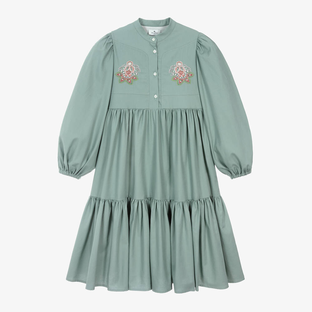 Shop Etro Girls Green Embroidered Cotton Dress