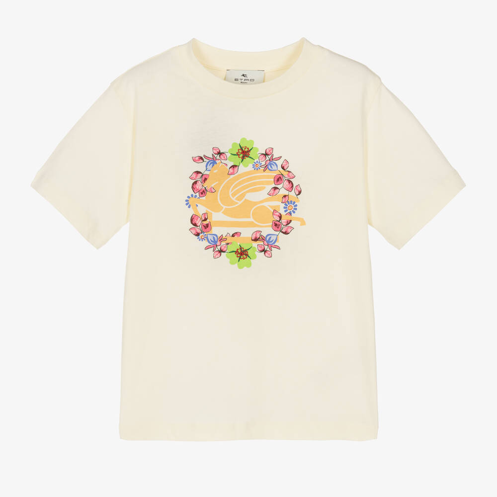 Etro - Girls Ivory Cotton Pegaso Logo T-Shirt | Childrensalon