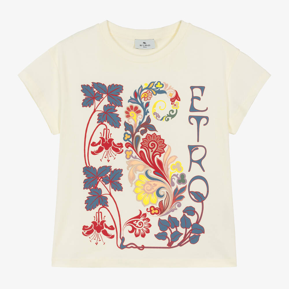 Etro Kids' Girls Ivory Paisley Print Cotton T-shirt In Neutral