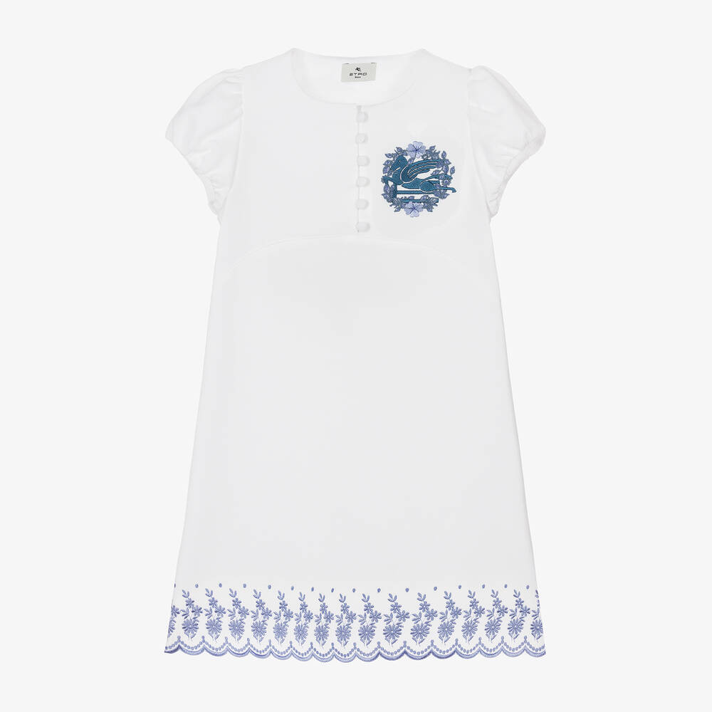 Etro - Girls White Cotton Pegaso Logo Dress | Childrensalon