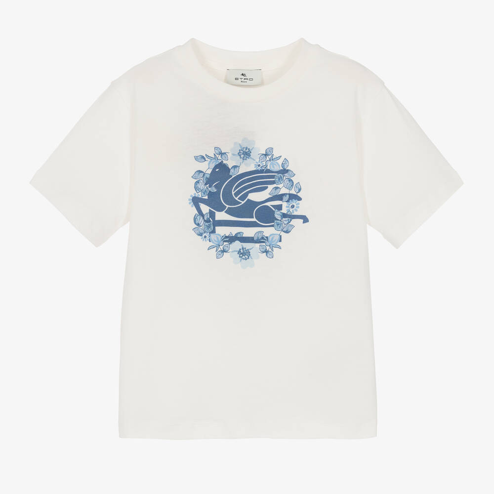 Etro - Girls White Cotton Pegaso Logo T-Shirt | Childrensalon