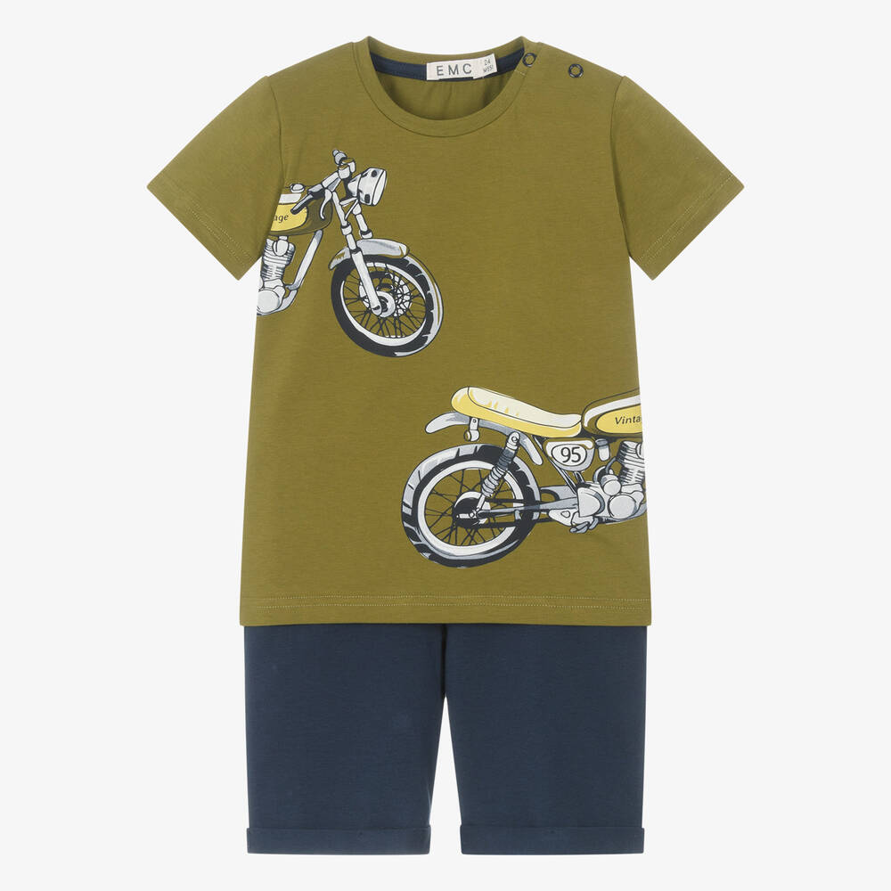 Everything Must Change - Boys Green & Blue Motorbike Shorts Set | Childrensalon