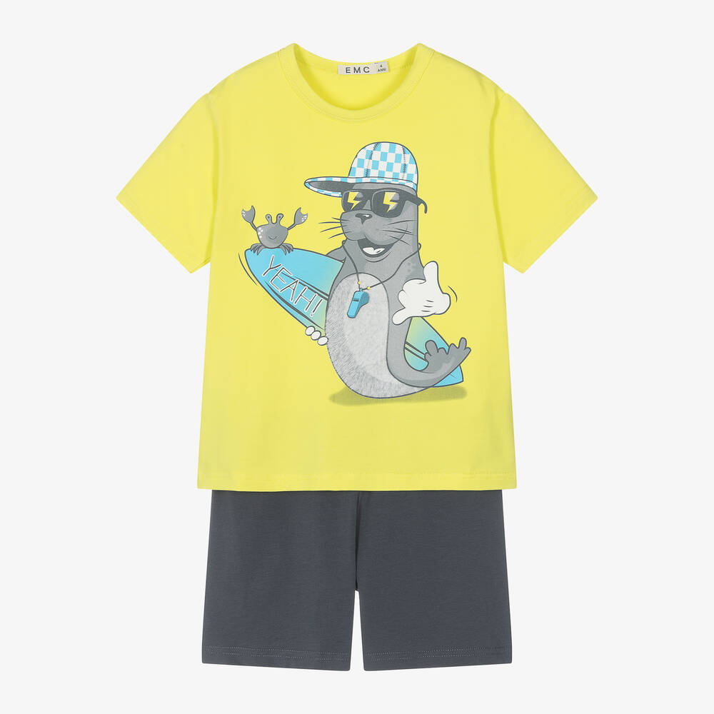 Everything Must Change Kids' Boys Green Cotton Seal Print Pyjamas In Yellow