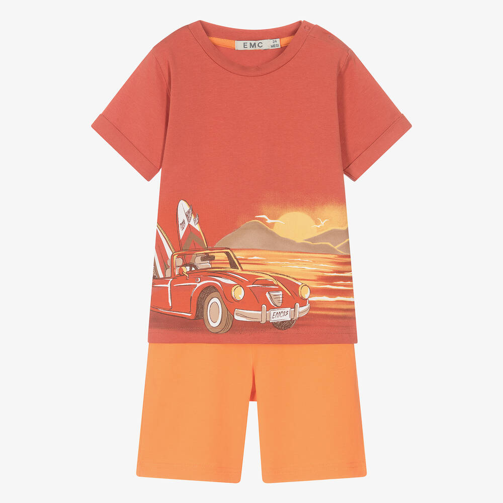 Everything Must Change - Boys Orange Cotton Car Print Shorts Set | Childrensalon