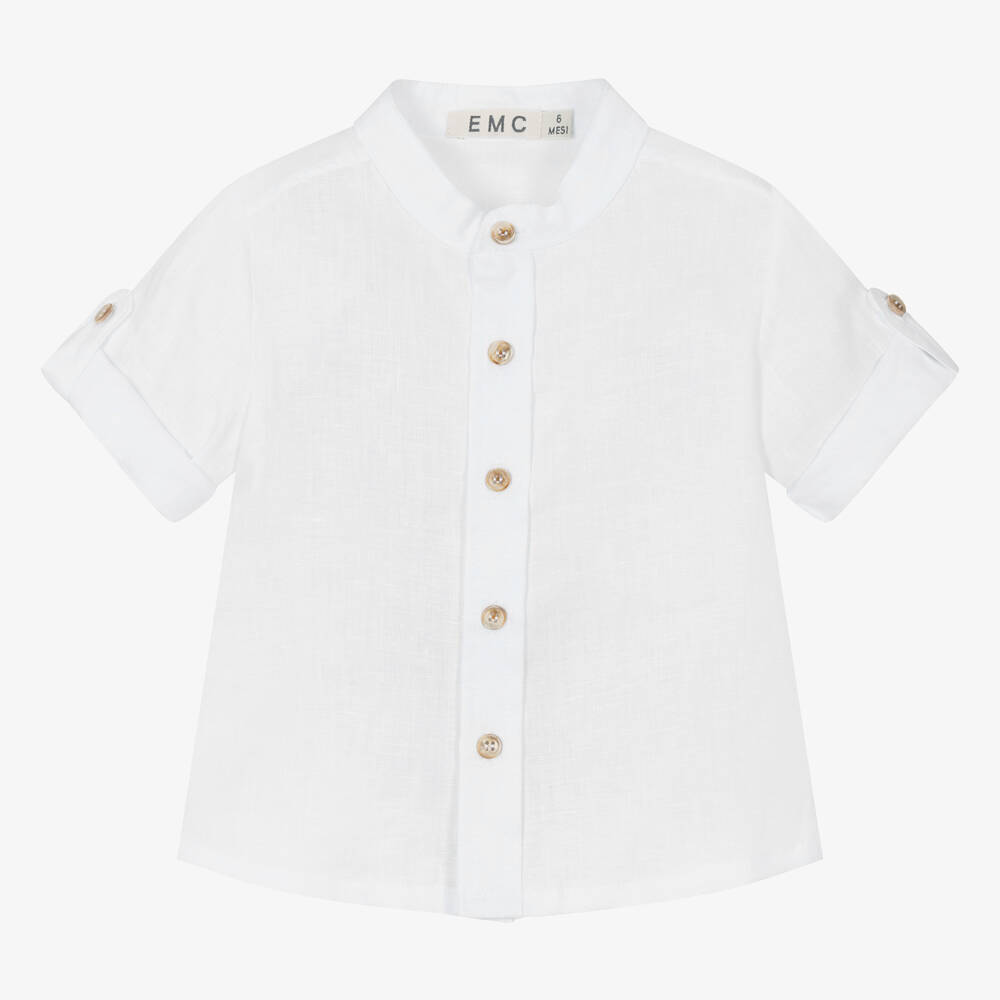 Everything Must Change - Boys White Linen Collarless Shirt | Childrensalon