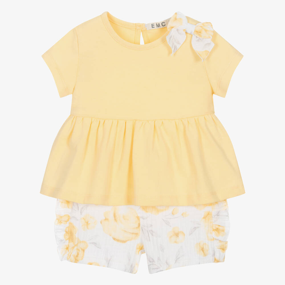 Everything Must Change - Girls Yellow Cotton Floral Shorts Set | Childrensalon