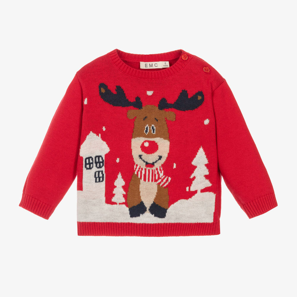 Everything Must Change - Red Cotton Knit Reindeer Sweater | Childrensalon