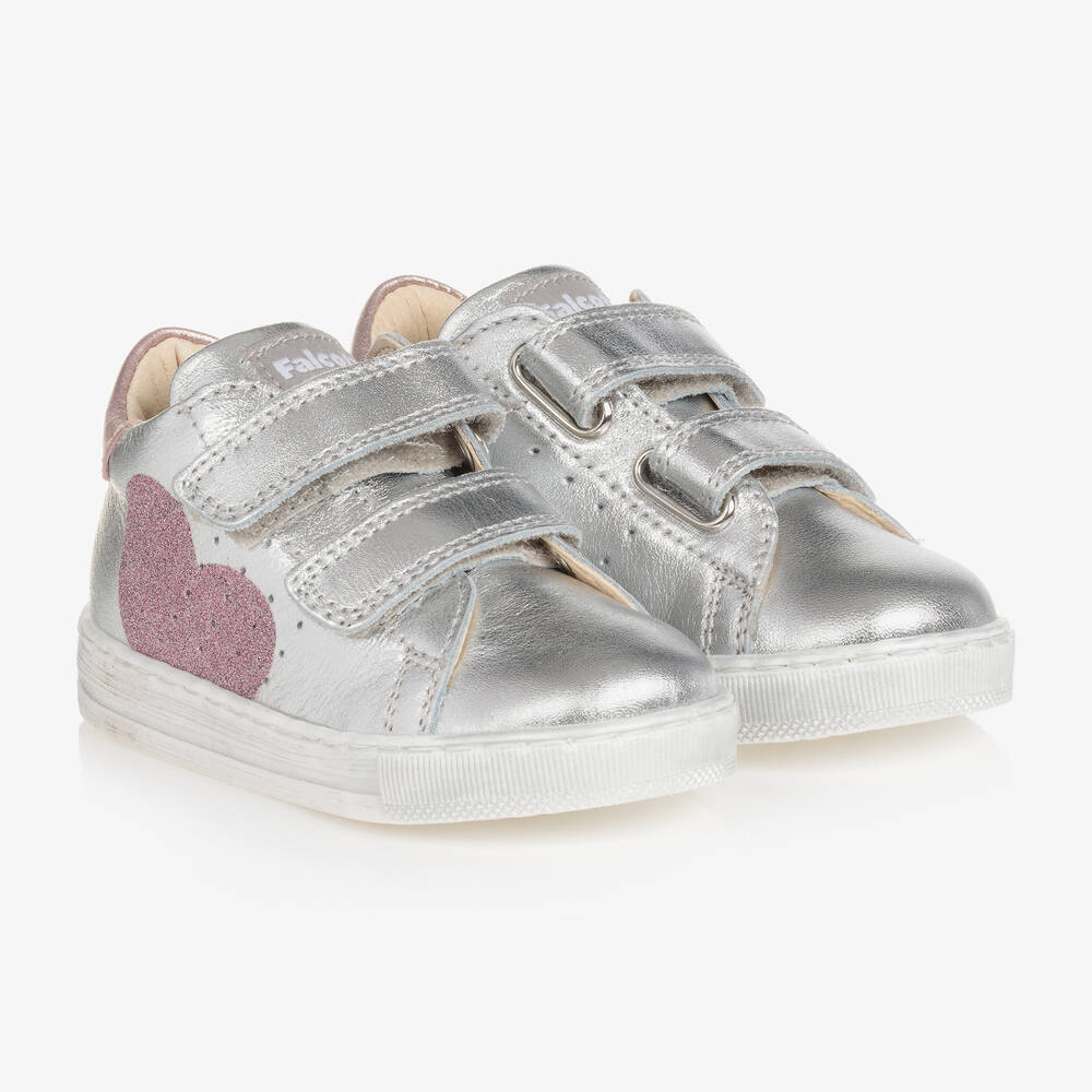 Falcotto by Naturino - Girls Silver & Pink Heart Leather Trainers | Childrensalon