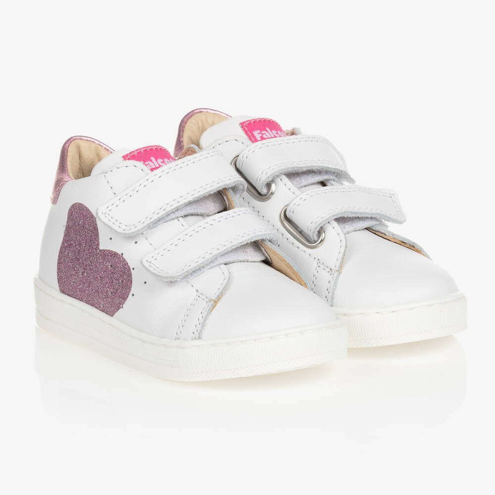 Falcotto by Naturino - White & Pink Leather Heart Trainers | Childrensalon