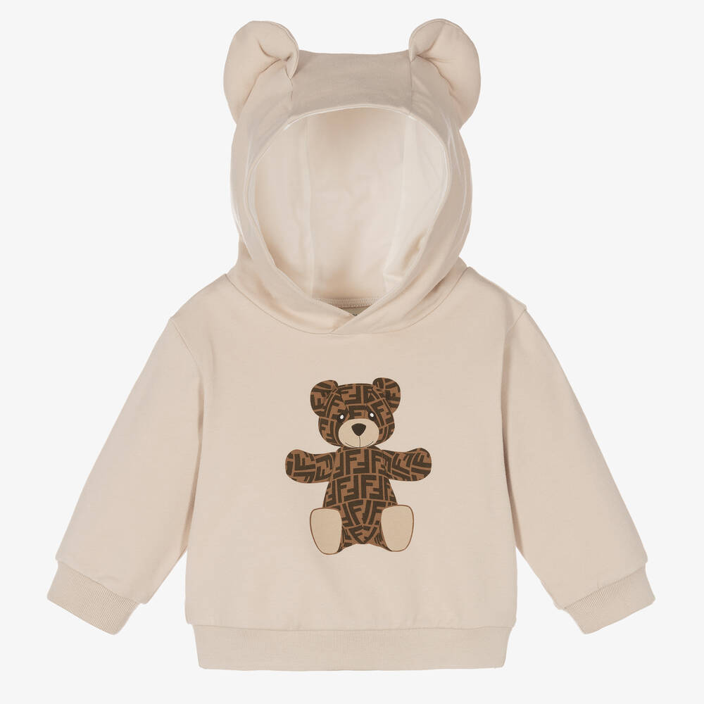 Fendi - Baby Beige Cotton FF Teddy Bear Hoodie | Childrensalon