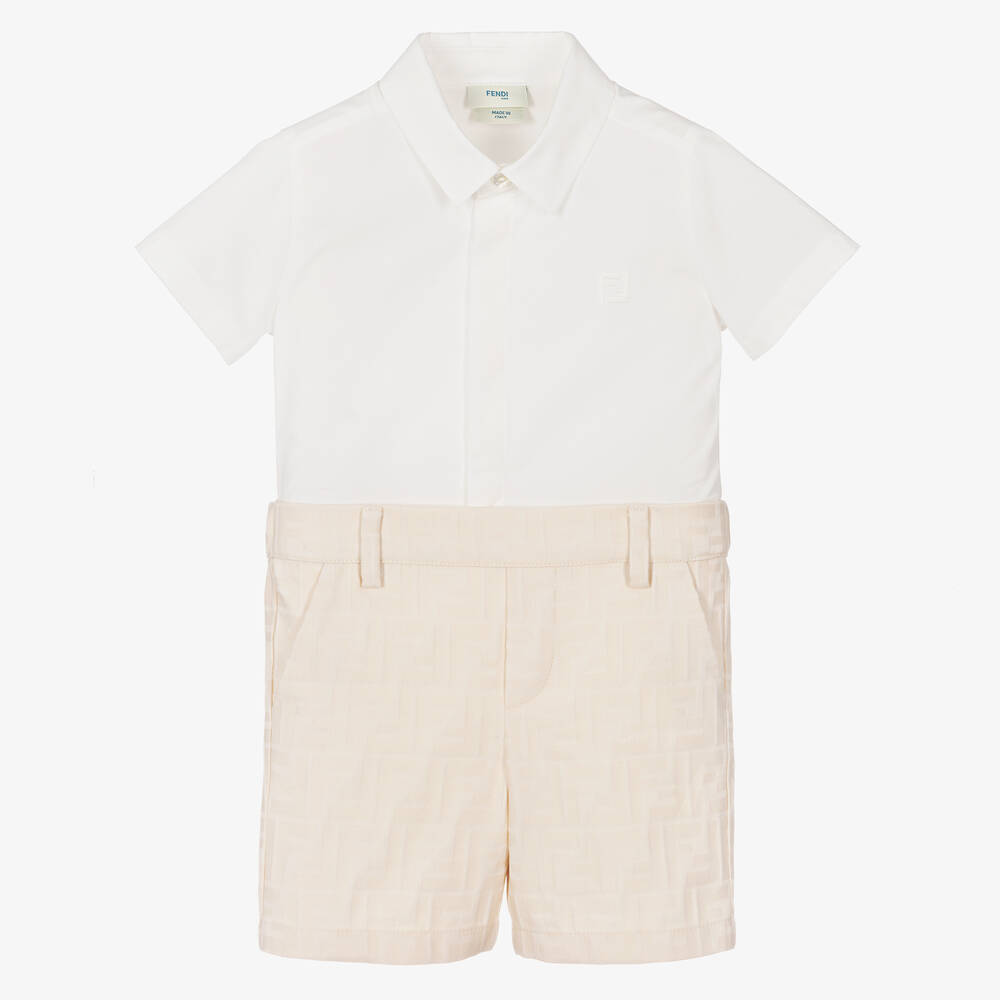 Fendi - Baby Boys Beige FF Logo Cotton Buster Suit | Childrensalon