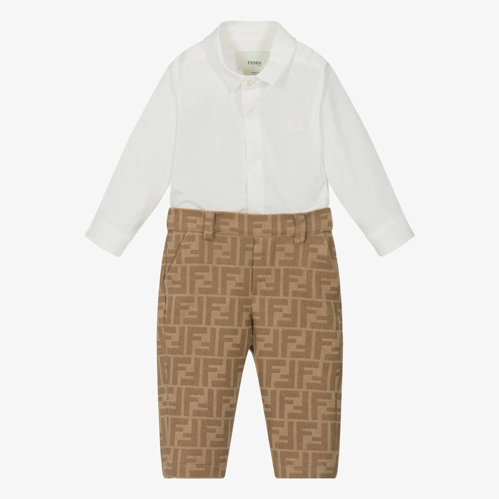 Fendi - بدلة رسمية FF أطفال ولادي قطن لون بيج | Childrensalon
