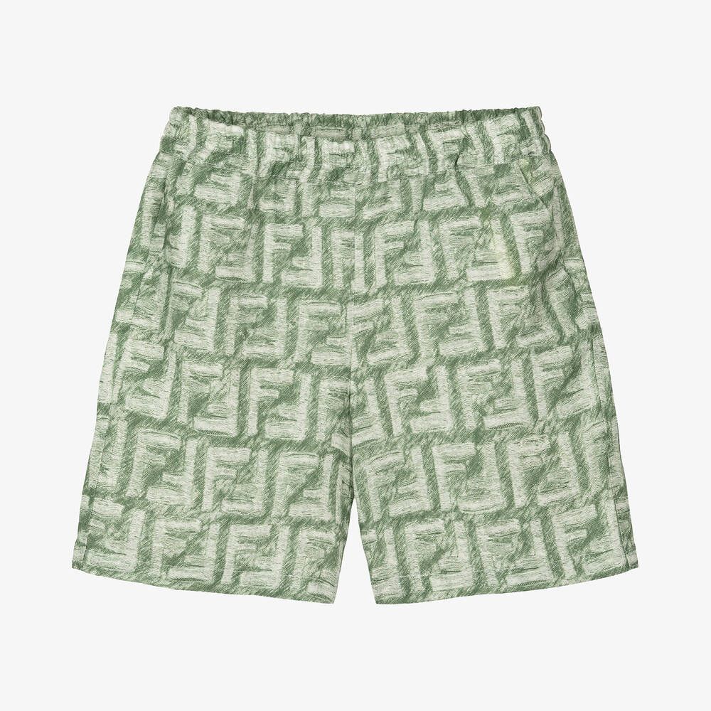 Fendi - Baby Boys Green Linen FF Logo Shorts | Childrensalon