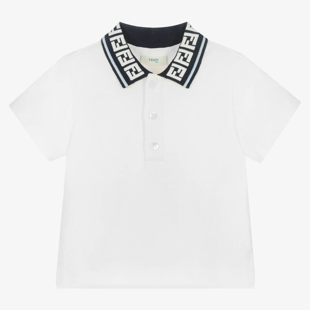 Fendi - Baby Boys White FF Logo Cotton Polo Shirt | Childrensalon