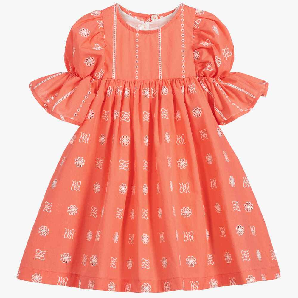 Fendi Girls Baby Coral Pink Cotton Dress In Orange