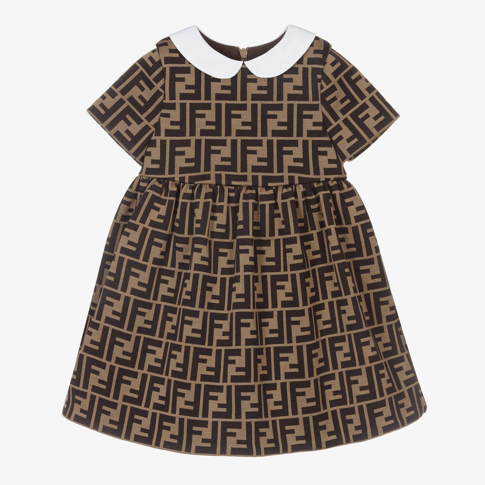 Fendi - Коричневое платье с принтом FF и воротником для малышек | Childrensalon