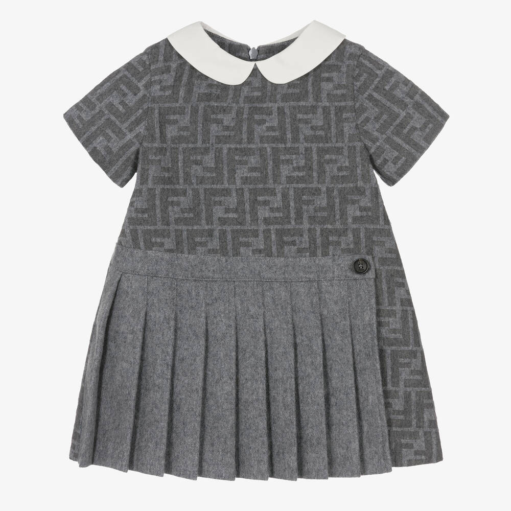 Fendi - Серое платье из шерсти и фланели с принтом FF | Childrensalon