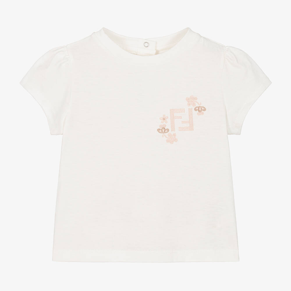 Fendi - Baby Girls Ivory Cotton Logo T-Shirt | Childrensalon