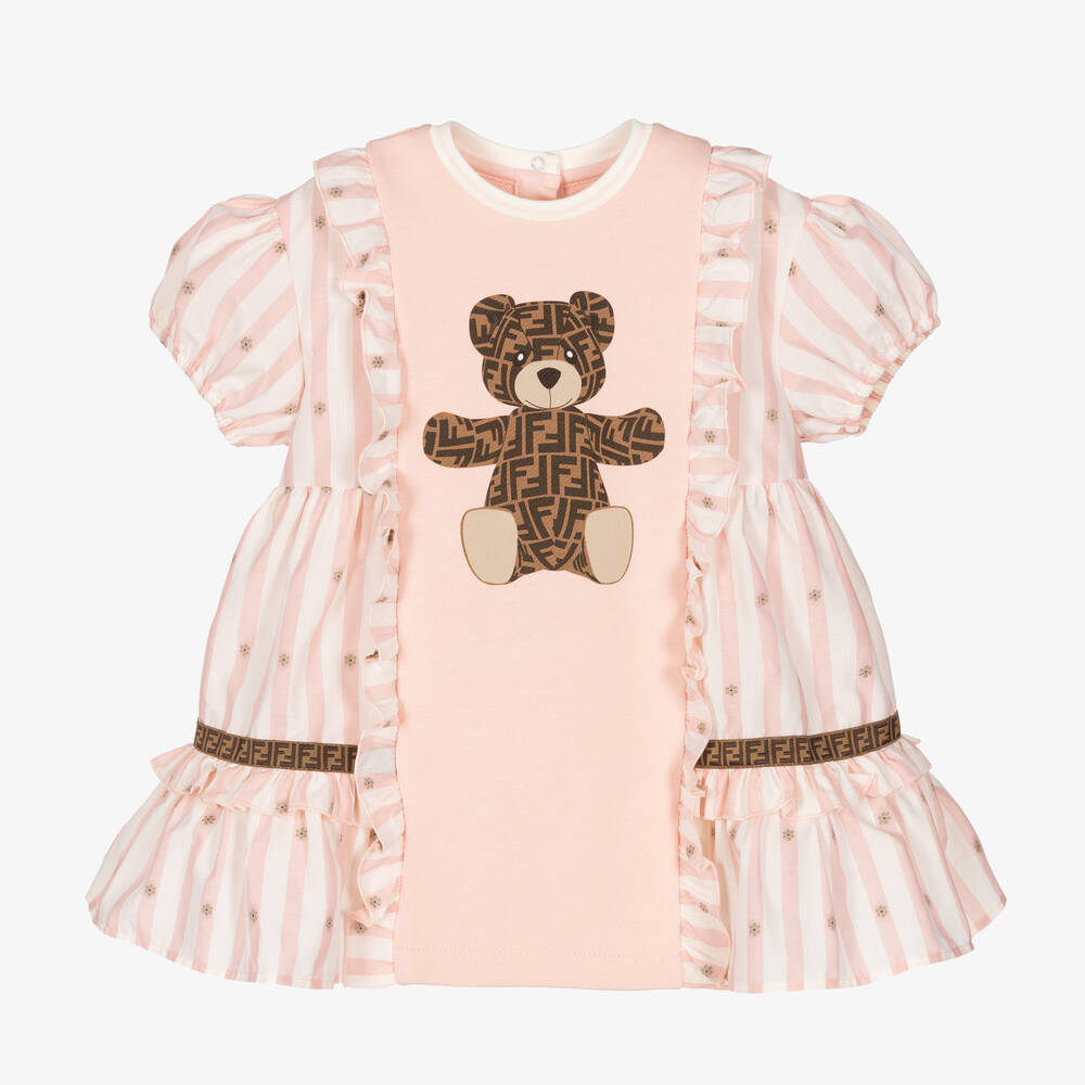 Fendi - Rosa gestreiftes Babykleid mit Bär | Childrensalon