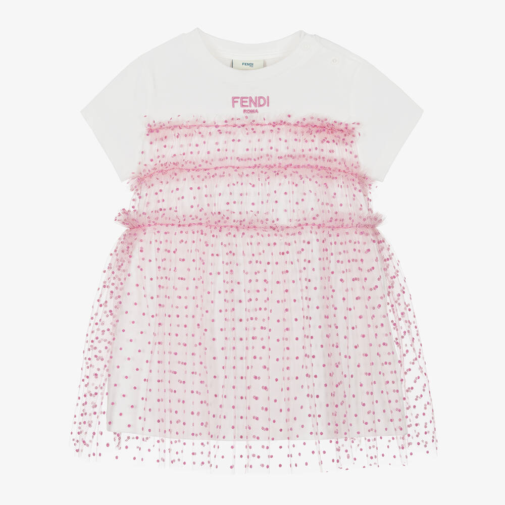 Fendi - Baby Girls Pink Tulle & White Cotton Dress | Childrensalon