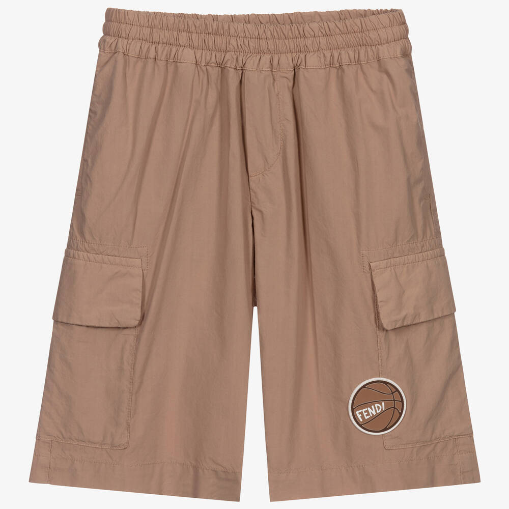 Fendi Kids' Boys Beige Cotton Cargo Shorts In Brown