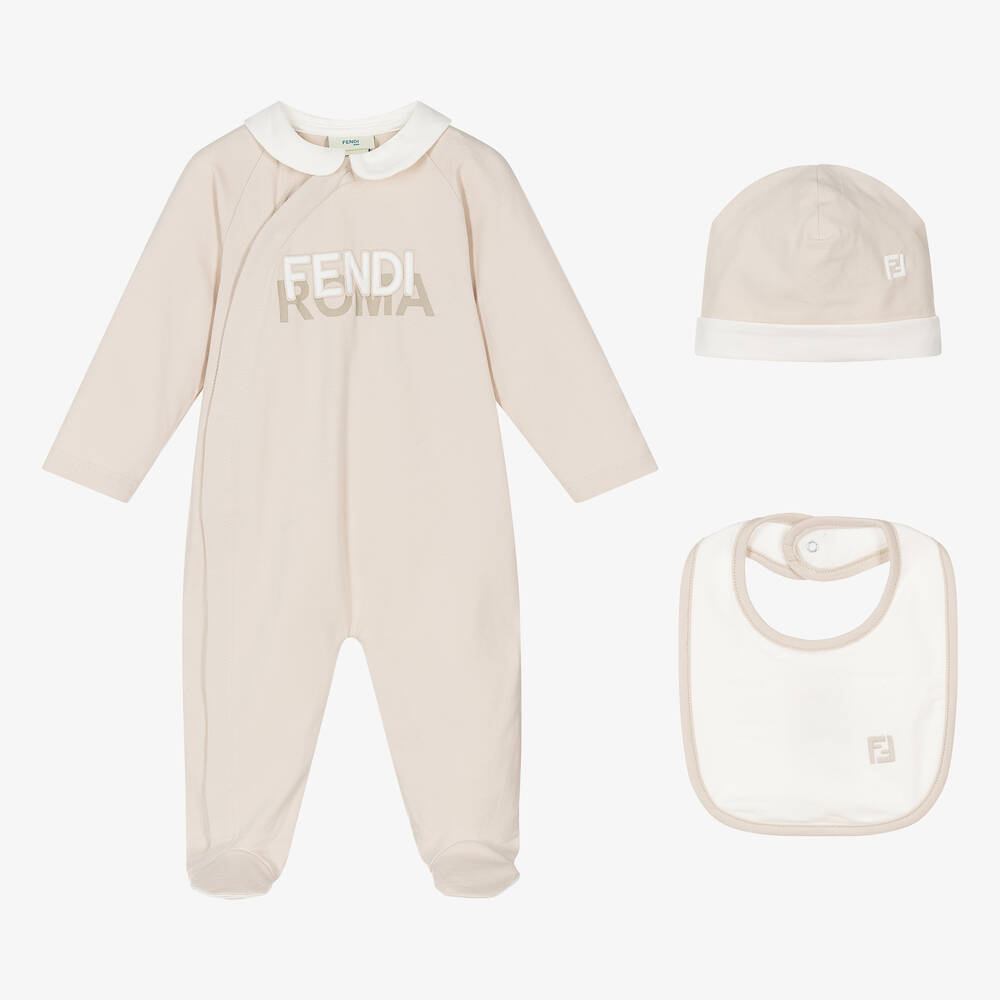 Fendi - Beige Cotton Fendi Roma Babygrow Set | Childrensalon