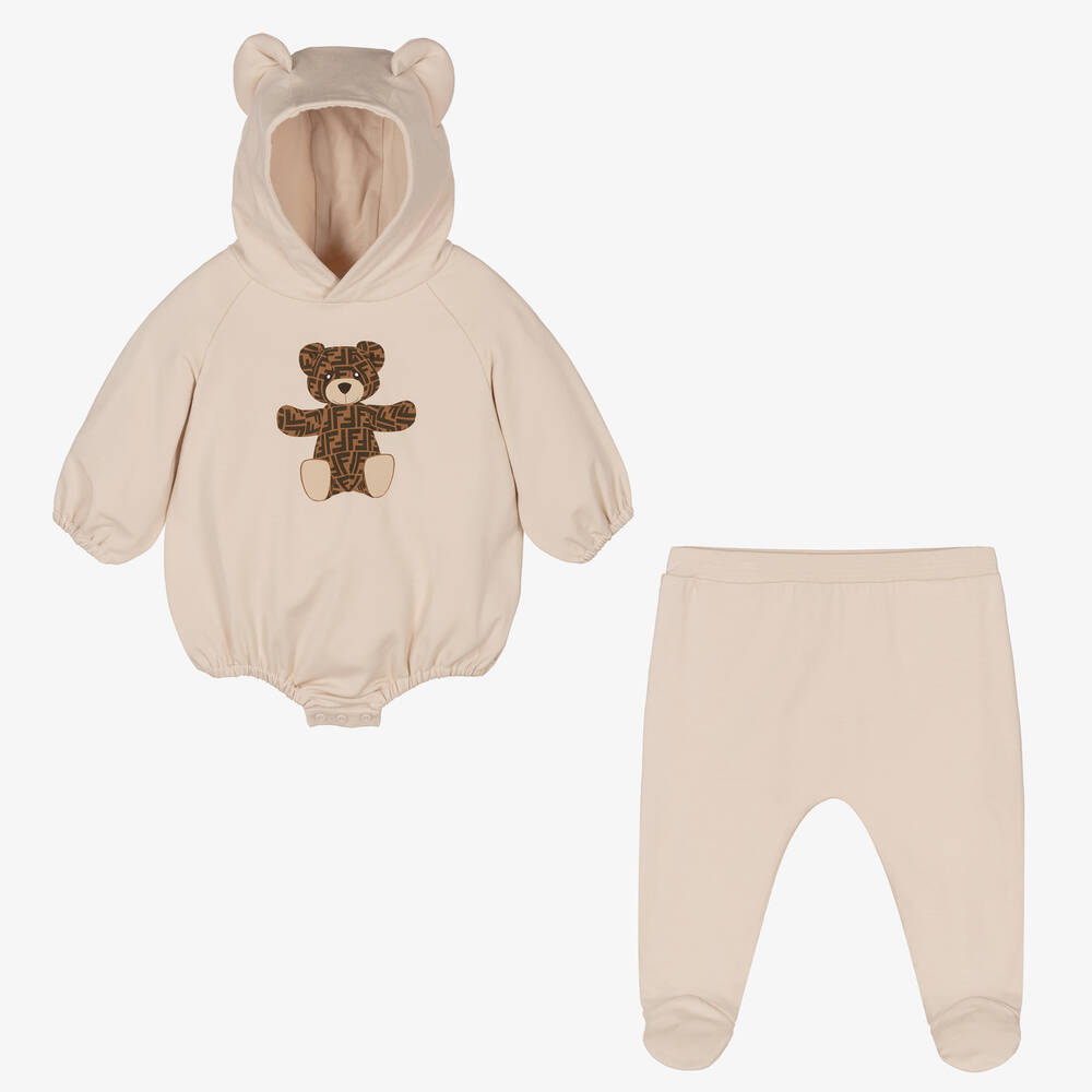Fendi - Beige Cotton FF Teddy Bear Babysuit Set | Childrensalon