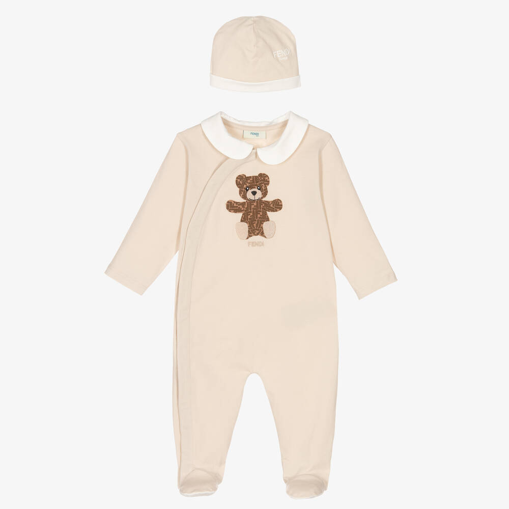Fendi Beige Ff Teddy Bear Cotton Babysuit Set