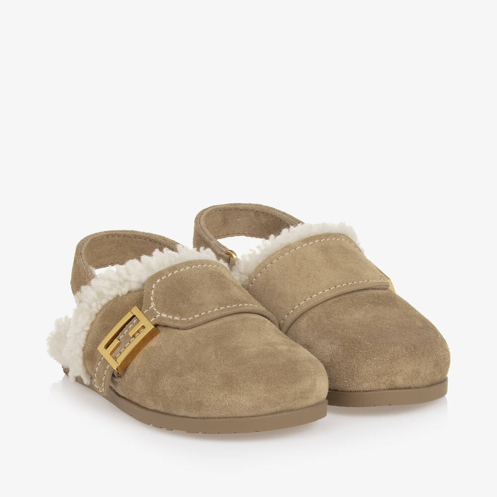 Fendi - Beige Suede Leather & Shearling Mules  | Childrensalon