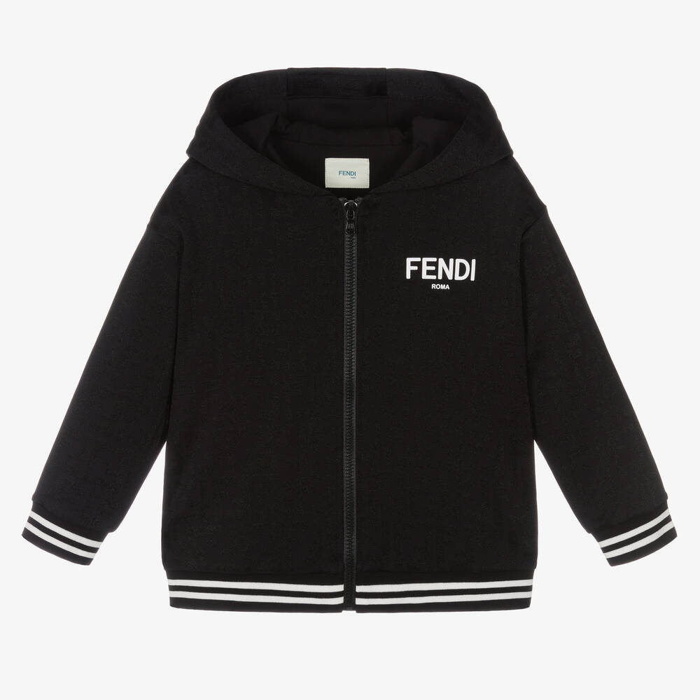 Fendi - Black Jacquard FF Logo Zip-Up Hoodie | Childrensalon