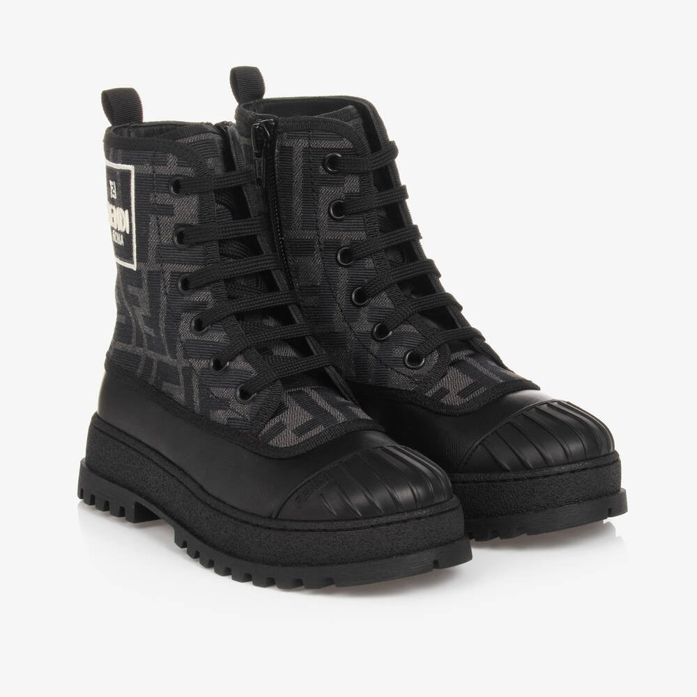 Fendi - Black Leather FF Biker Boots | Childrensalon