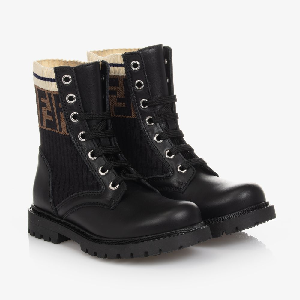 Fendi Kids' Black Leather Ff Boots