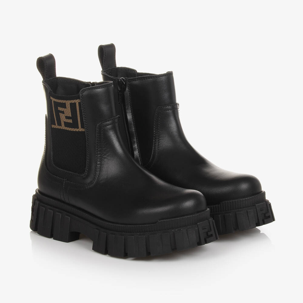 Fendi - Black Leather FF Chelsea Boots | Childrensalon