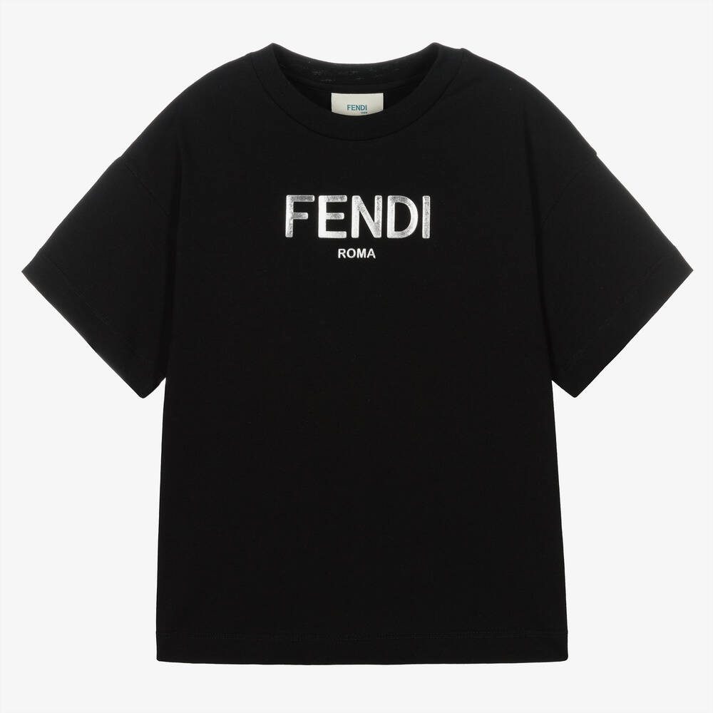 Fendi - Черная хлопковая футболка с серебристым логотипом | Childrensalon