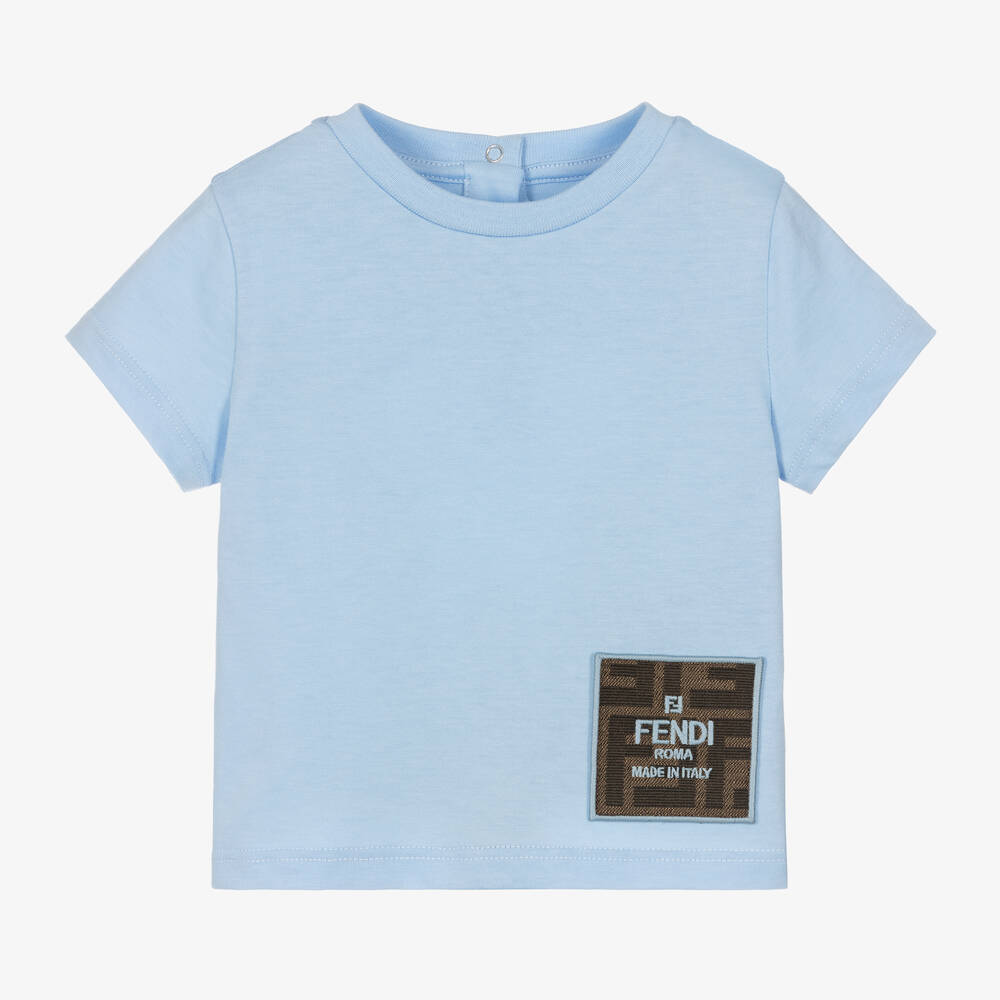 Fendi - تيشيرت بطبعة لوغو FF قطن لون أزرق للأطفال | Childrensalon