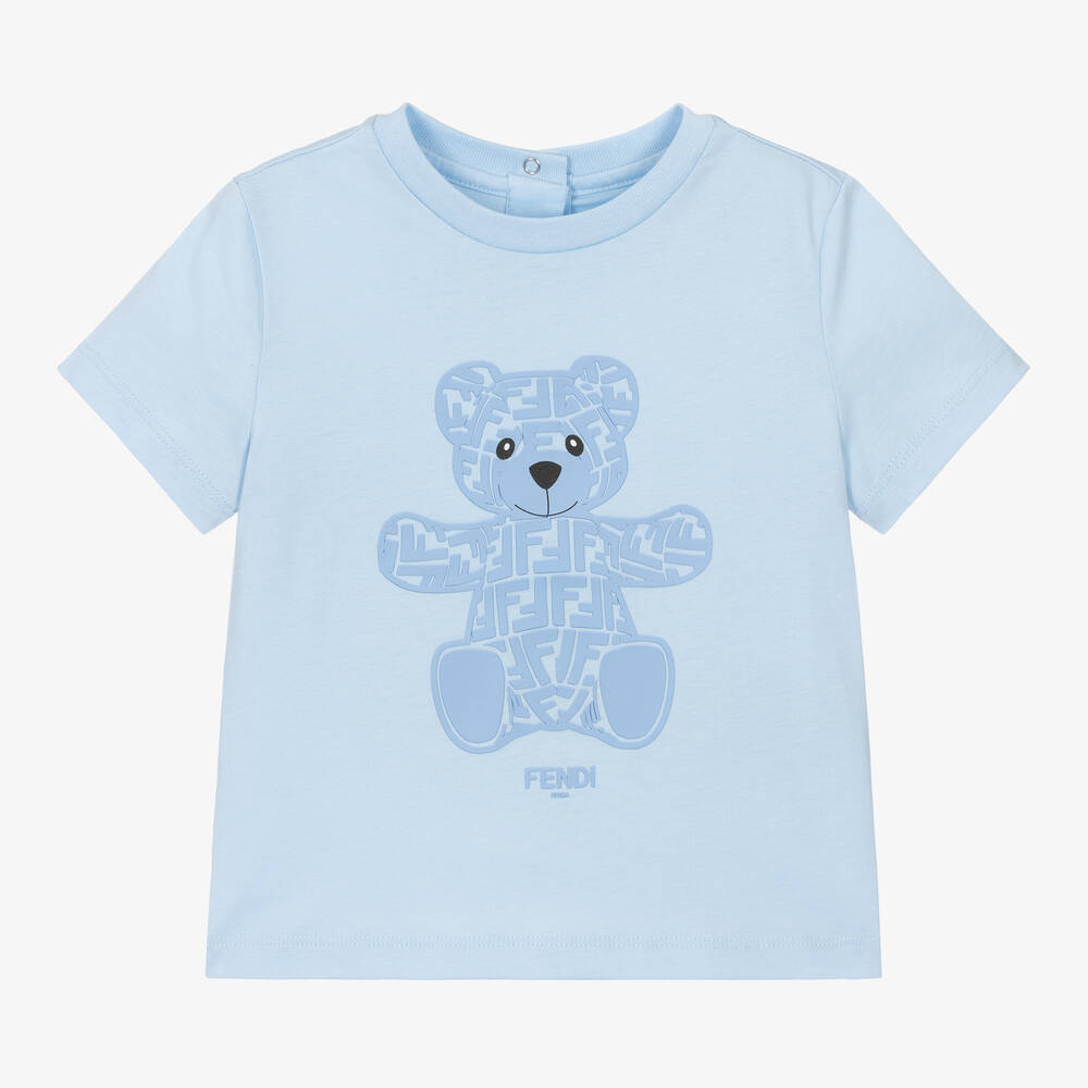 Fendi - Blue Cotton FF Teddy Bear Baby T-Shirt | Childrensalon