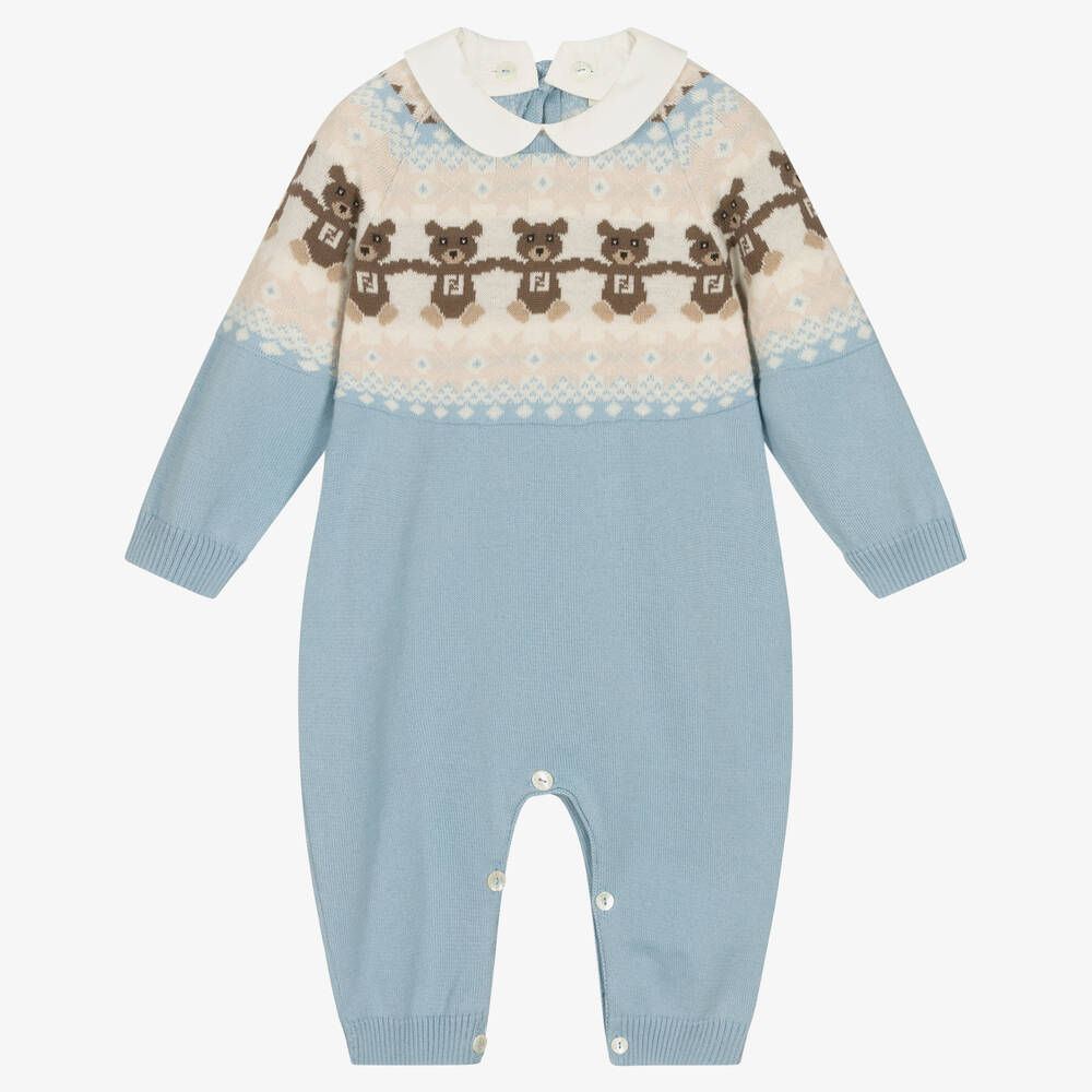 Fendi Babies' Blue Cotton Knit Logo Romper