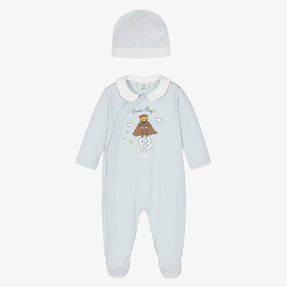 Fendi - Голубой комбинезон с медвежонком и шапочка из хлопка | Childrensalon