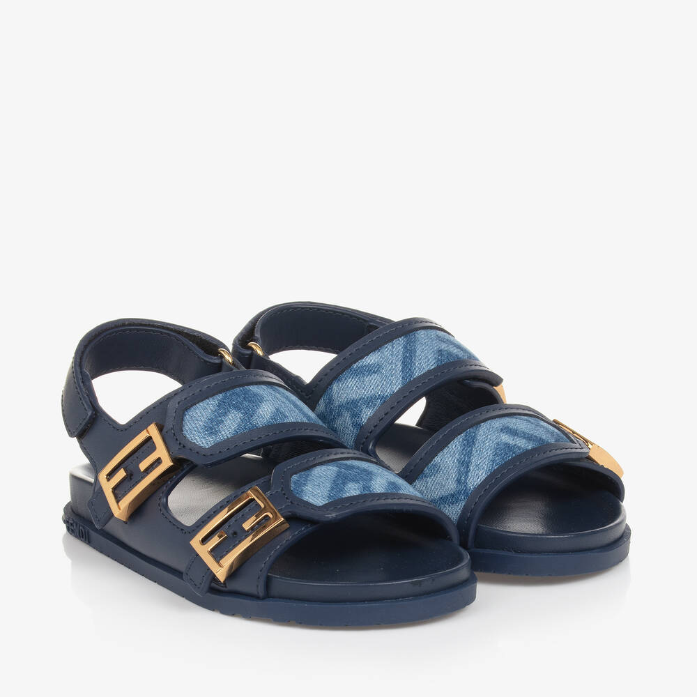 Fendi - Blue Leather FF Velcro Sandals  | Childrensalon