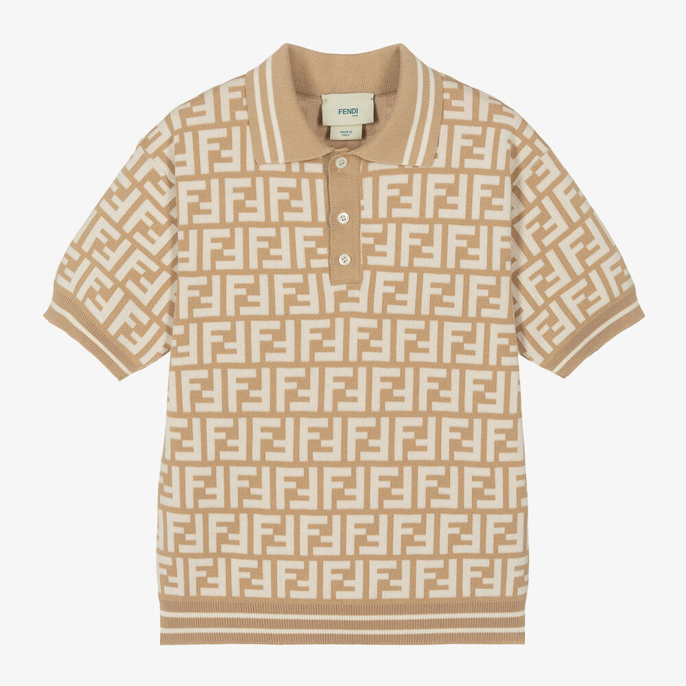 Fendi Kids' Boys Beige Cotton Ff Logo Polo Shirt In Brown