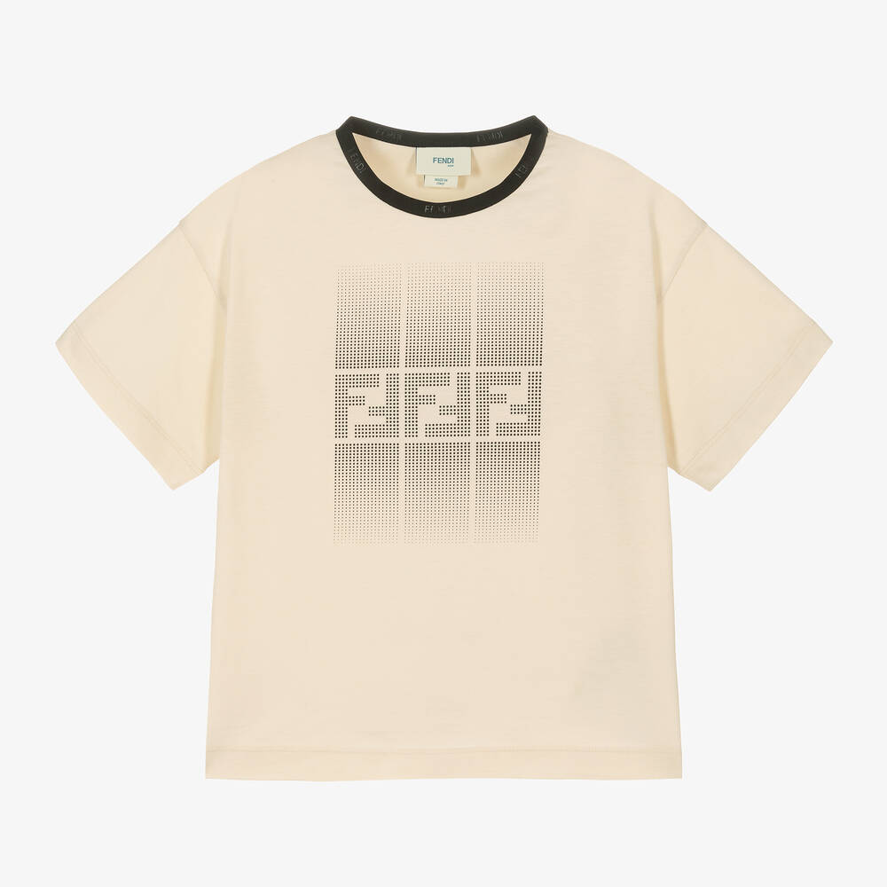 Fendi - Boys Beige Cotton FF Logo T-Shirt | Childrensalon