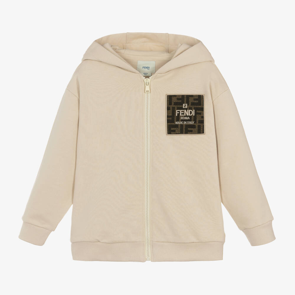 Fendi - Boys Beige Cotton FF Logo Zip-Up Hoodie | Childrensalon