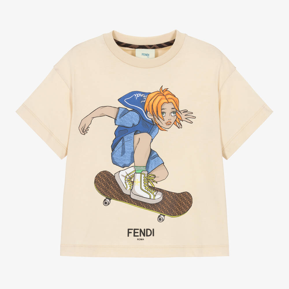 Fendi - Beiges T-Shirt mit FF Skateboard  | Childrensalon