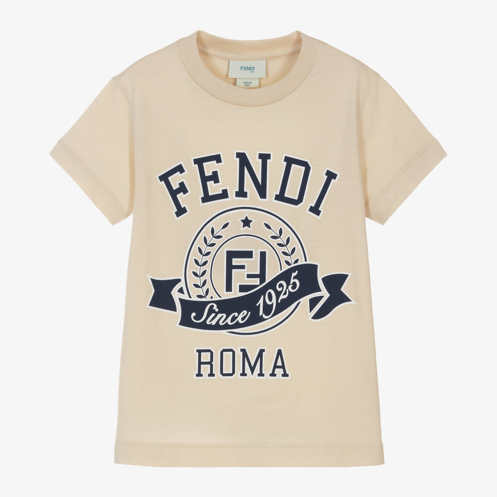 Fendi - Boys Beige Cotton Stamp Logo T-Shirt | Childrensalon