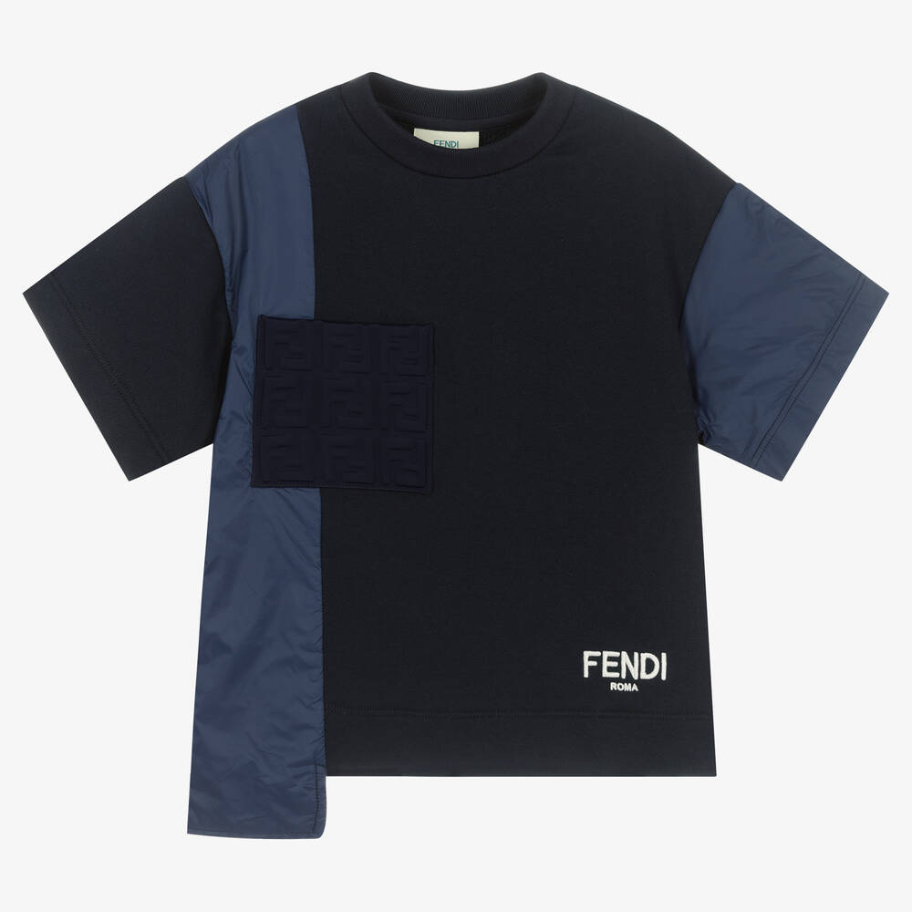 Fendi - Boys Blue Cotton Asymmetric FF Logo Top | Childrensalon