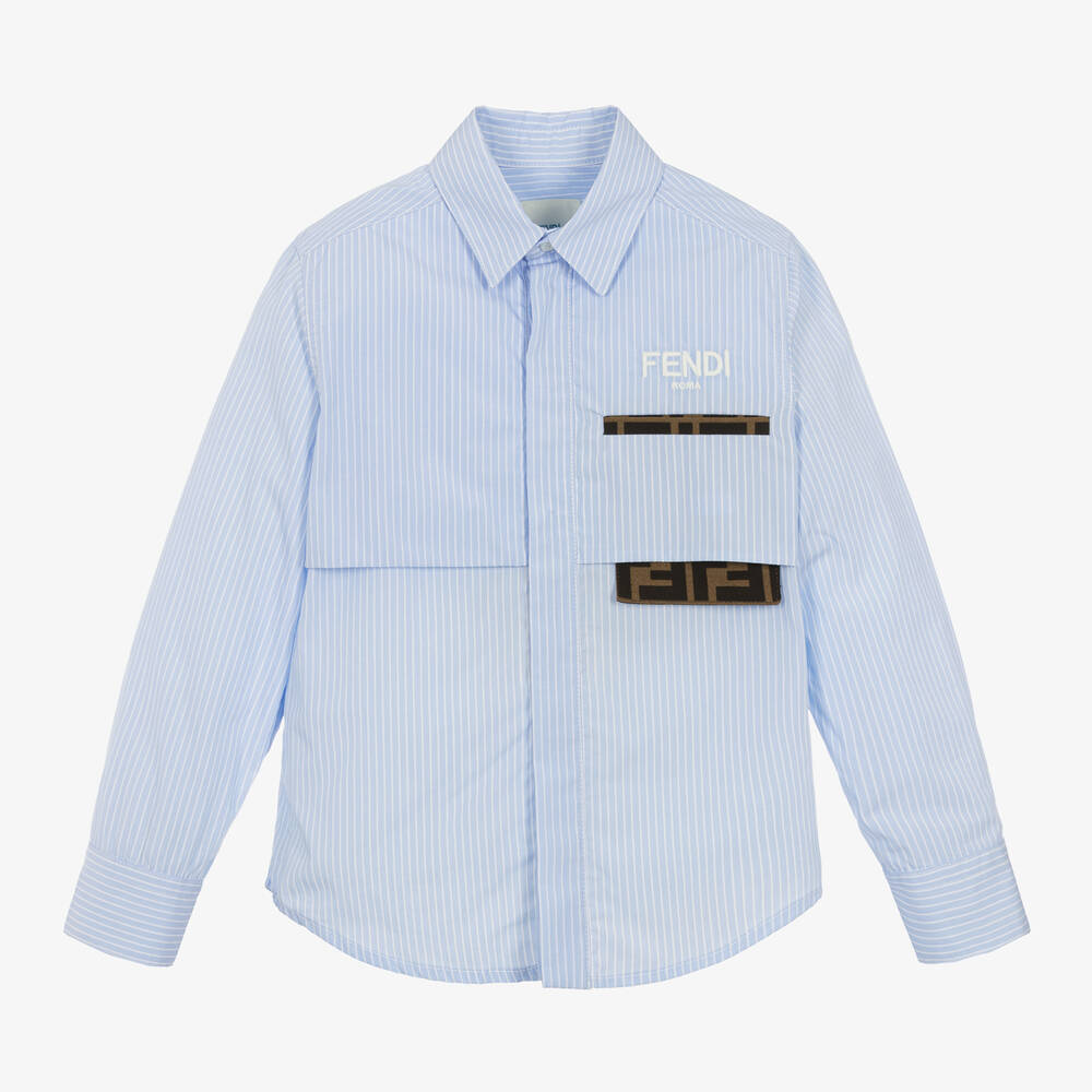 Fendi - Boys Blue Striped Cotton FF-Pocket Shirt | Childrensalon