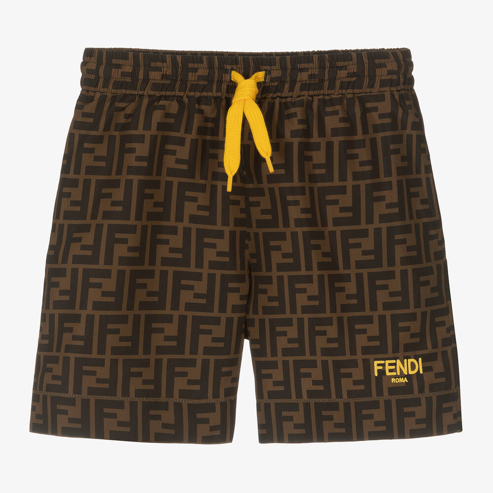 Fendi - Boys Brown FF Logo Swim Shorts | Childrensalon