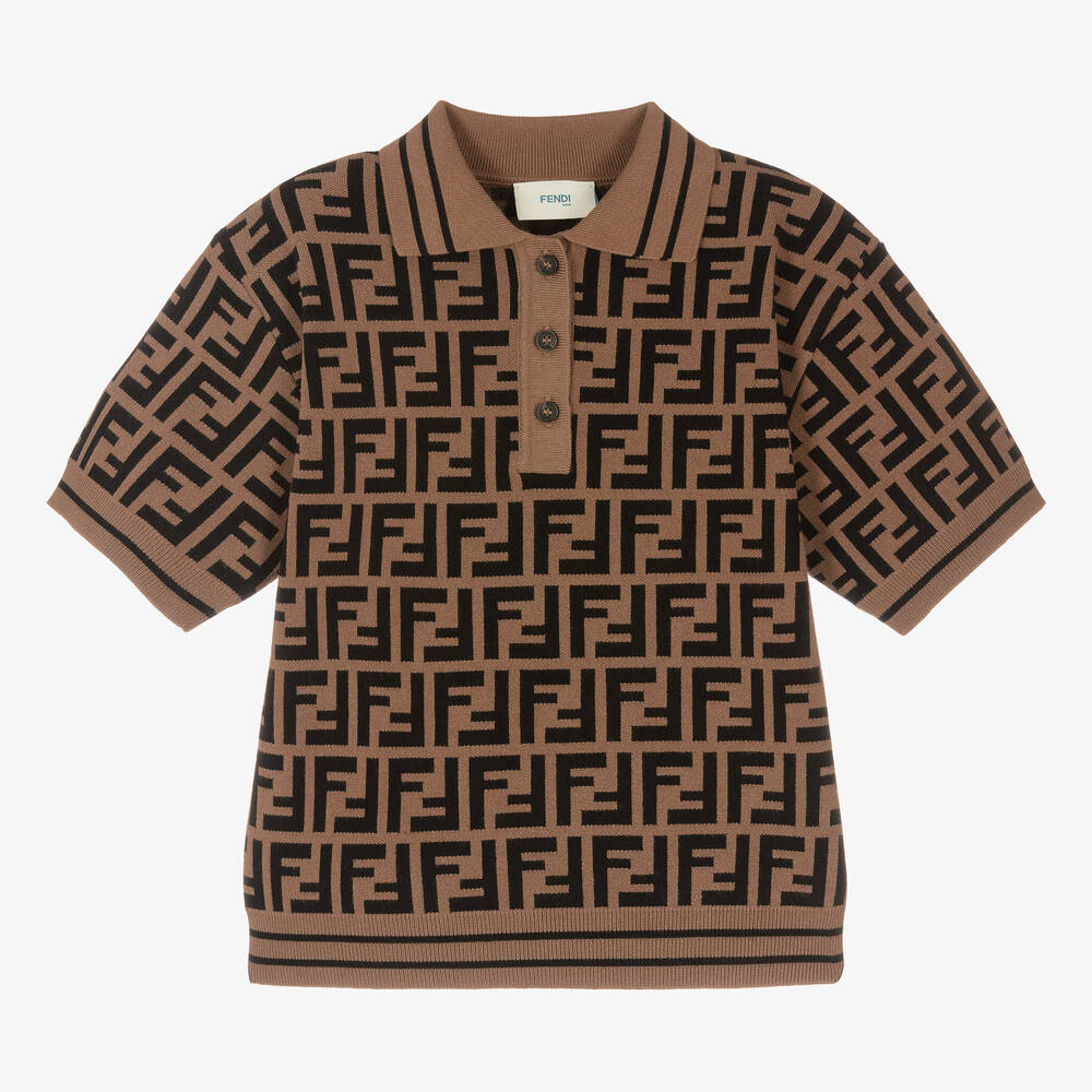 Fendi - Boys Brown Logo Knitted Polo Shirt | Childrensalon