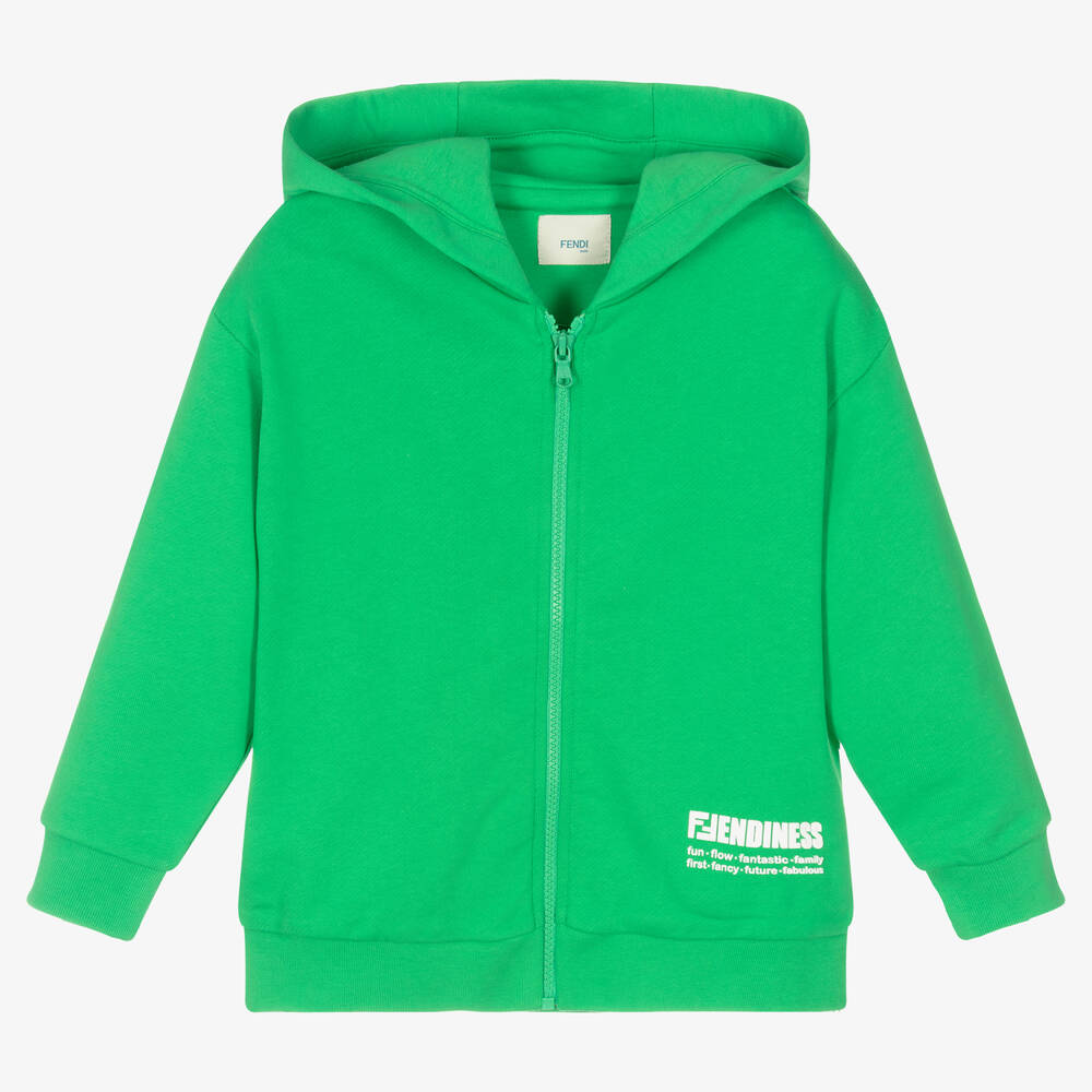 Fendi Kids' Boys Green Cotton Hooded Zip-up Top