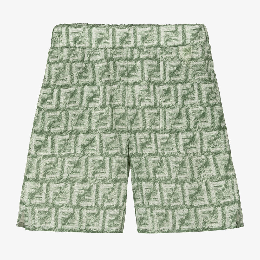 Fendi - Boys Green Linen FF Logo Shorts | Childrensalon